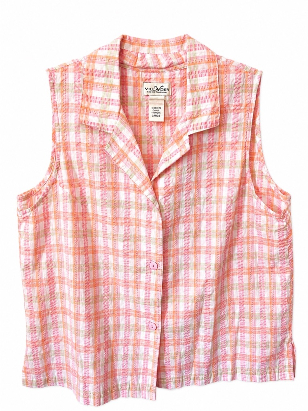 Vintage Liz Claiborne Villager Pink Plaid Sleeveless Button-Front Top